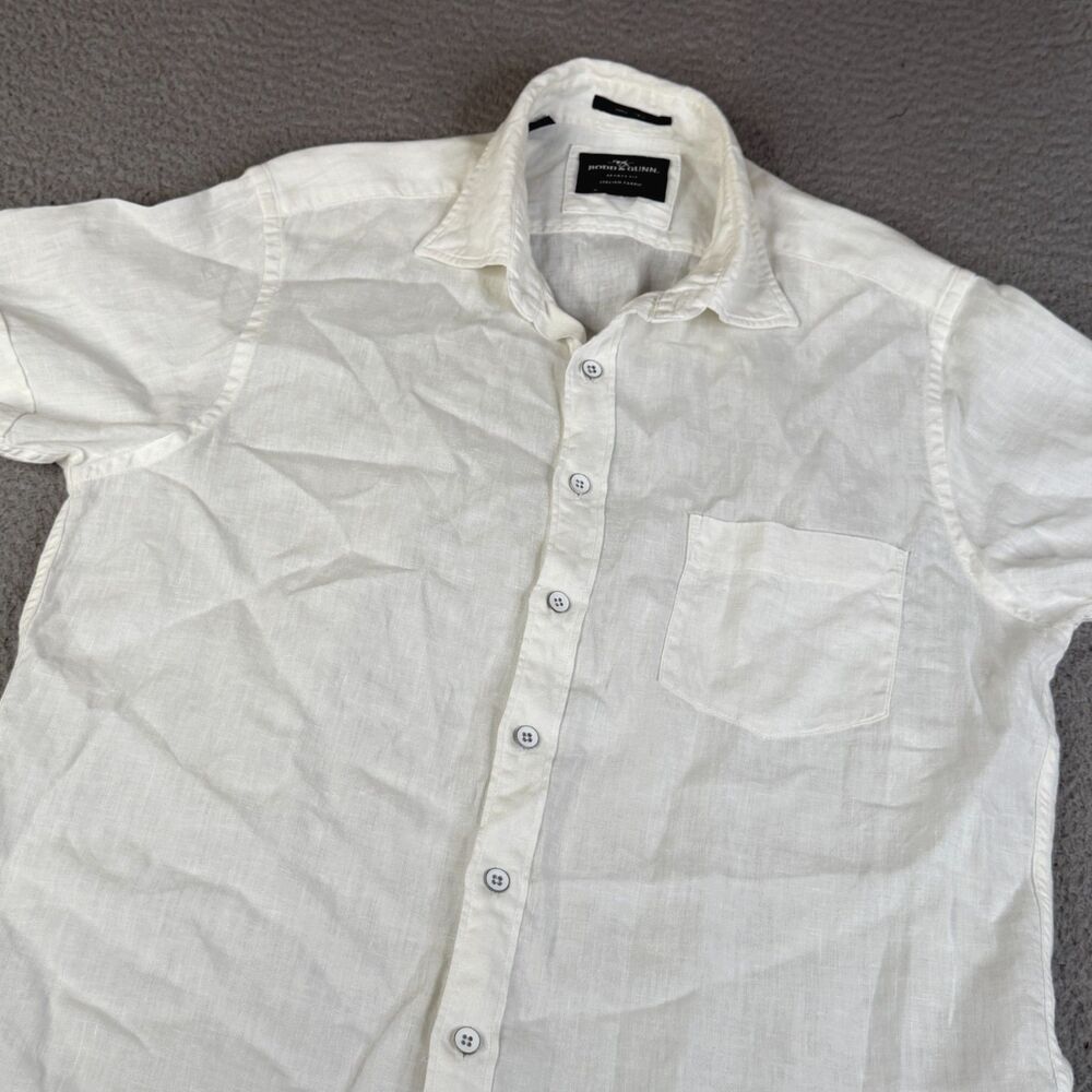 RODD & GUNN Italian Linen Shirt Mens M White Short Sleeve Metal Buttons Casual